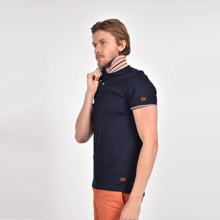 Navy Polo with Double Sided Blue Collar with Multi colored Stripes for wholesale by EIGHT X