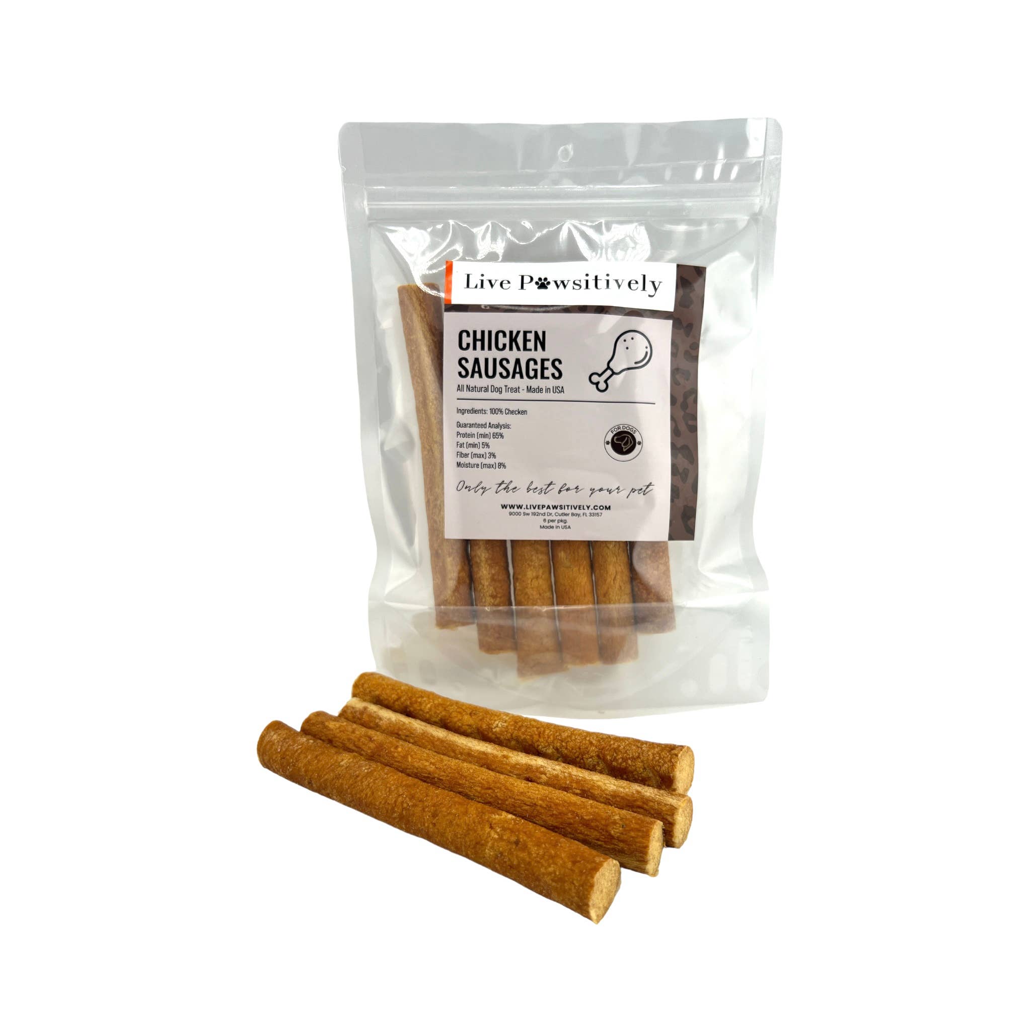 Live Pawsitive - Wholesale Pet Treats - Dog - Chicken Sausage for Dogs, Single ingredient treat, 6 per pkg0
