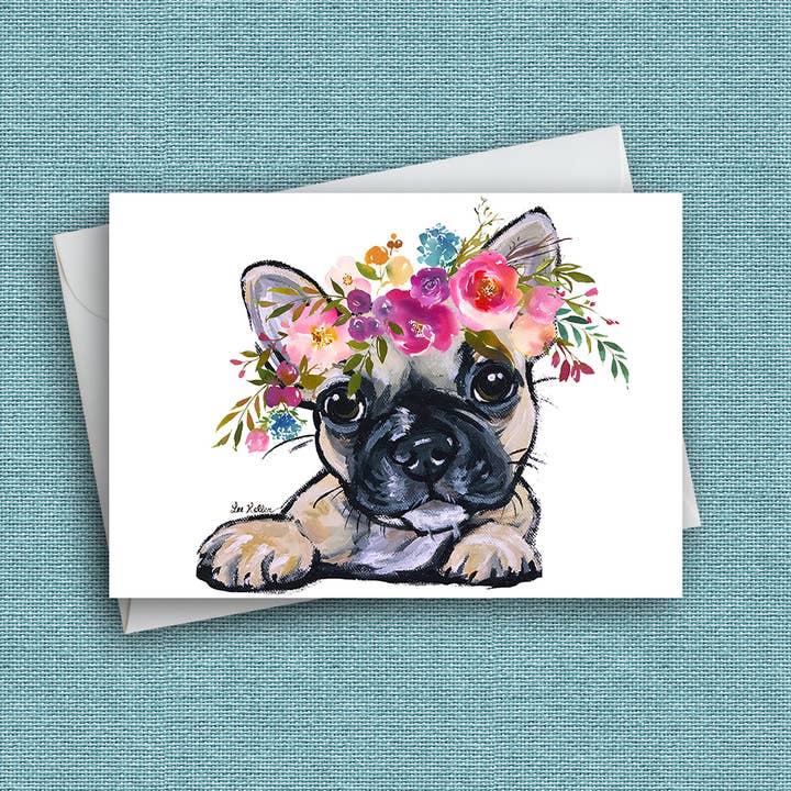Bright Blooms hundekort 'Frenchie', søde hundekort for engroshandel hos Hippie Hound Studios