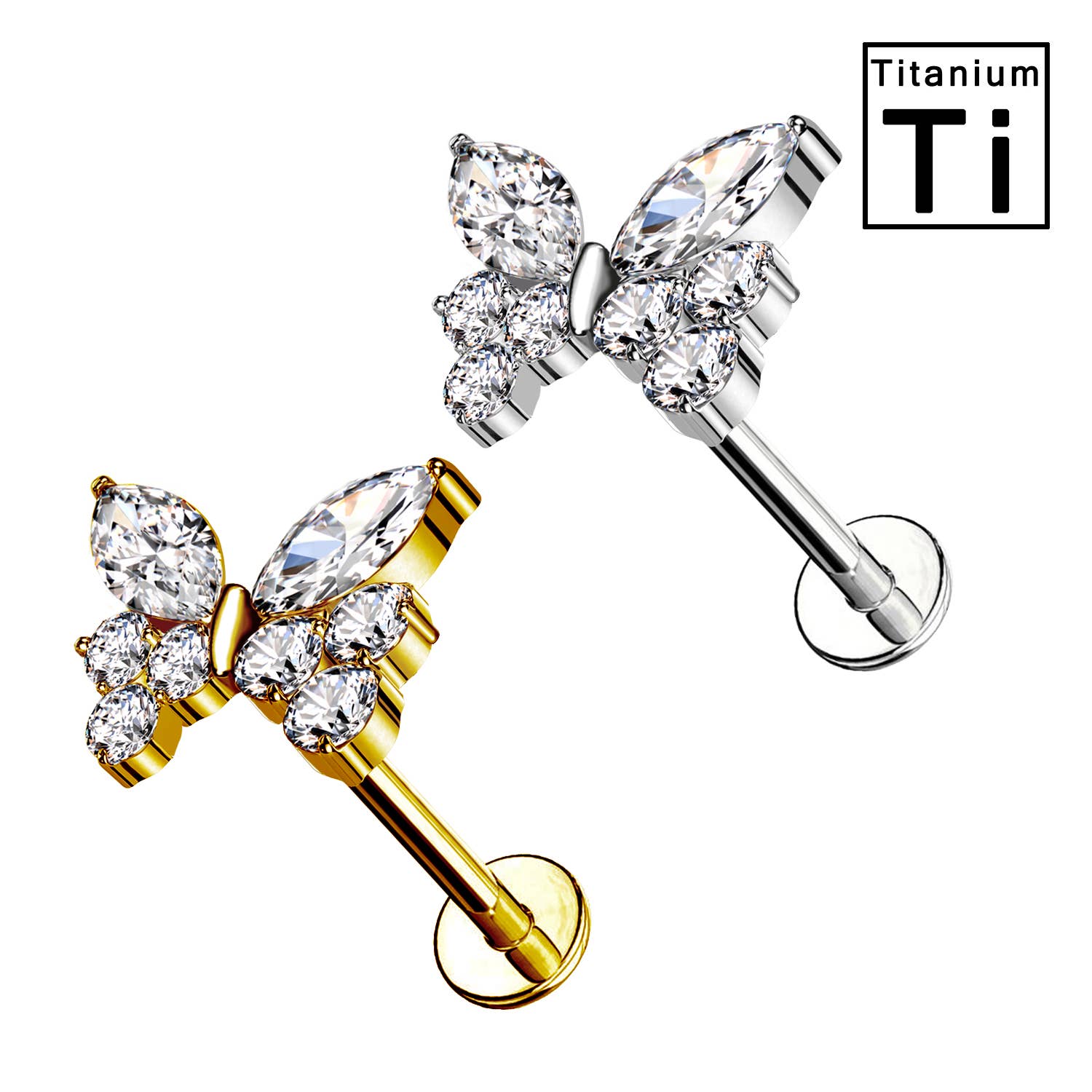 Awaken – wholesale Single earring – Labret Titanium Butterfly-Shaped Piercing with Crystals2