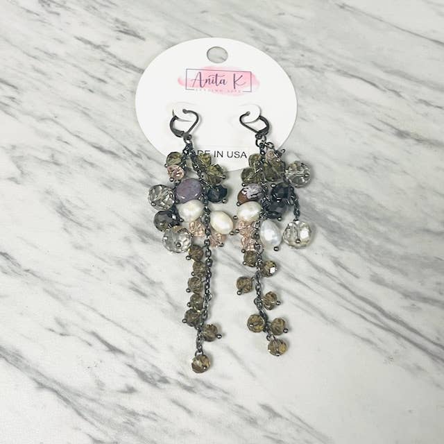 Anita K By Blushing Pink - Wholesale Dangle Earrings - Crystal, Fancy Jasper, & Freshwater Pearl Cluster Dangle 0