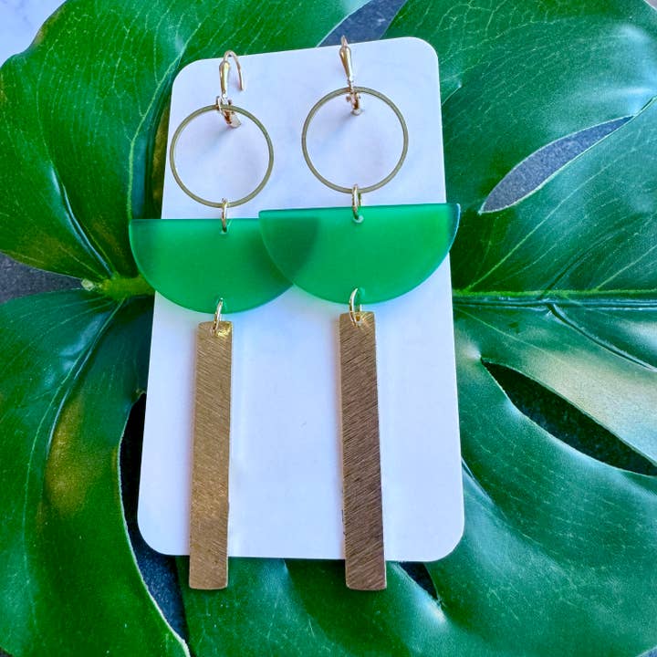 Green Acrylic + Brass Earrings | Unique Statement Earrings for wholesale by LUSTER