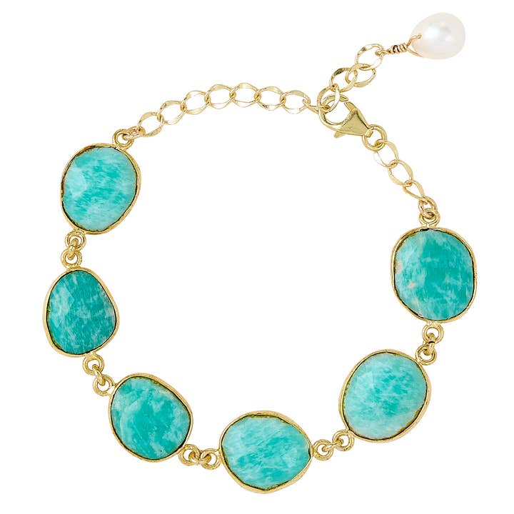 Amazonite Bezel Bracelet With Pearl Charm for wholesale by Elyssa Bass Designs