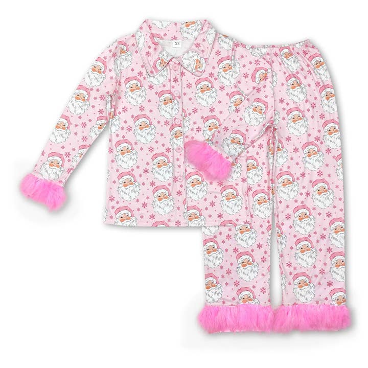 Yawoo Garments - Wholesale Sleepwear Set - Kids - Pink santa fur sleeves button down girls Christmas pajamas