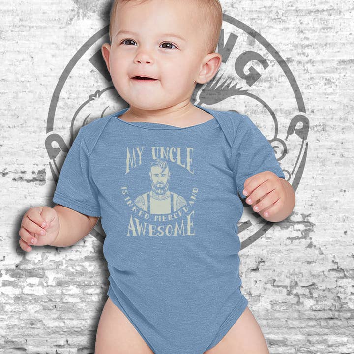 My Uncle is Inked, Pierced and Awesome Short Sleeve Onesie for wholesale by Raging Rascals