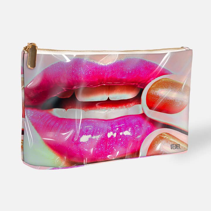 Lip Service Makeup Bag – Pink & Orange Travel Cosmetic Case for wholesale by Deanna Filippo