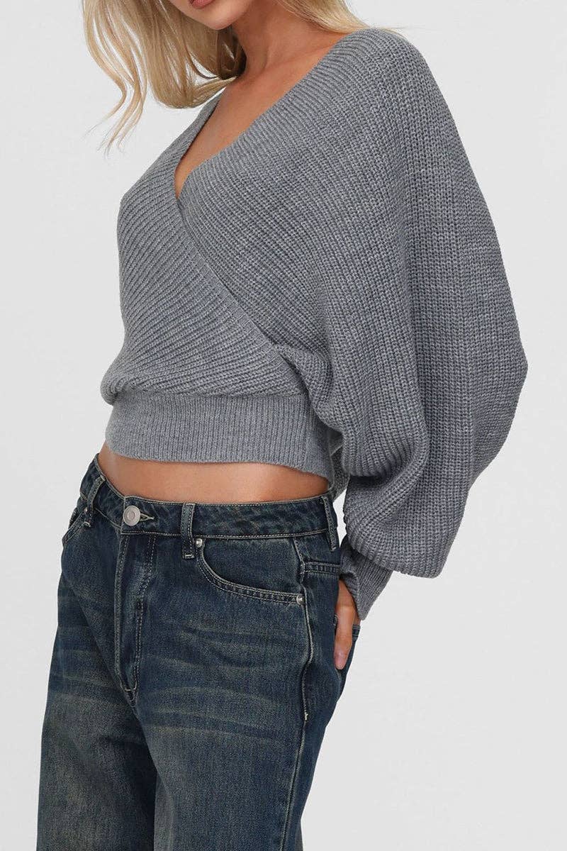 GREY V-Neck Cross-Over Sweater for wholesale on Faire1