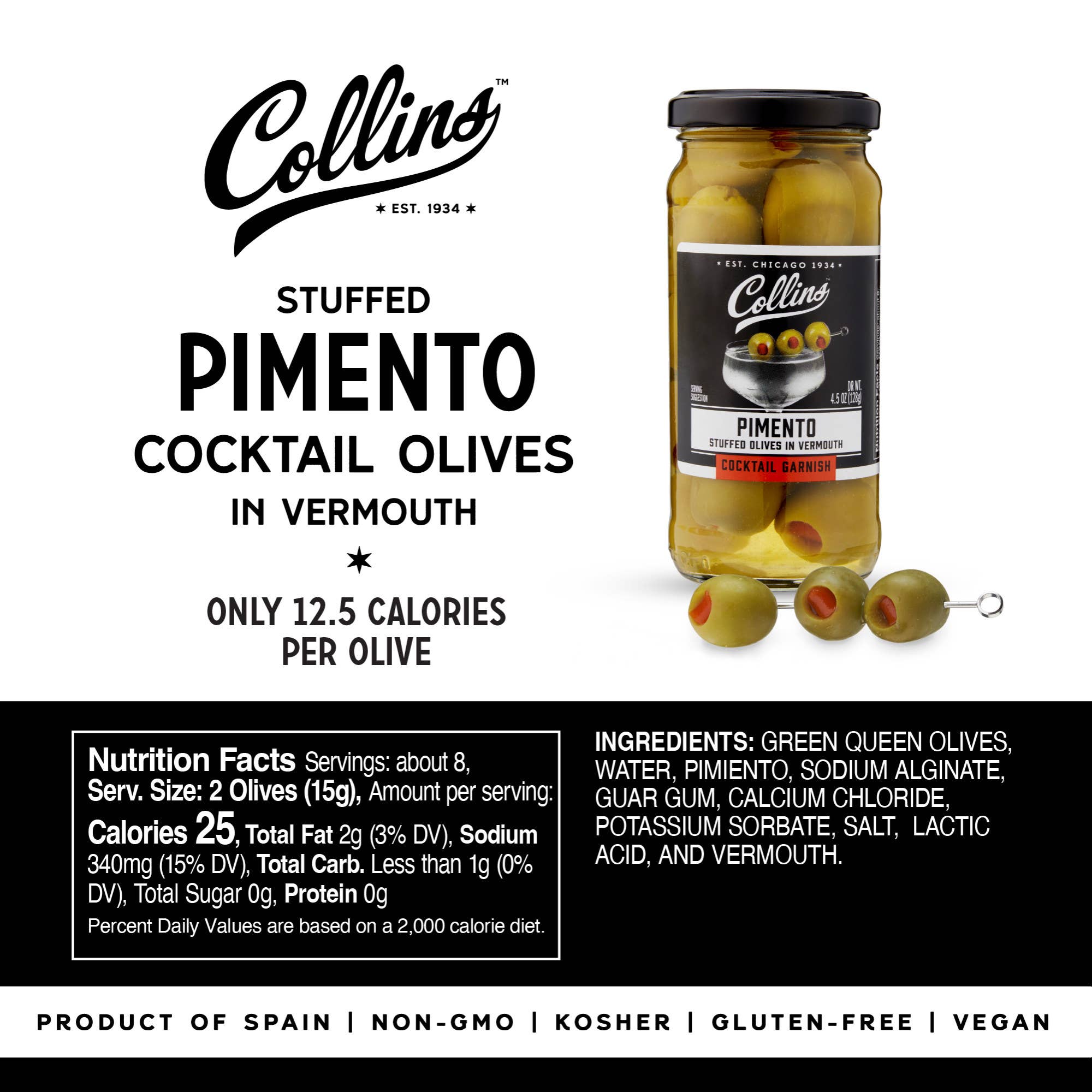 Collins - Wholesale Olives - Gourmet Vermouth Soaked Pimento Cocktail Olives 4.5 oz3