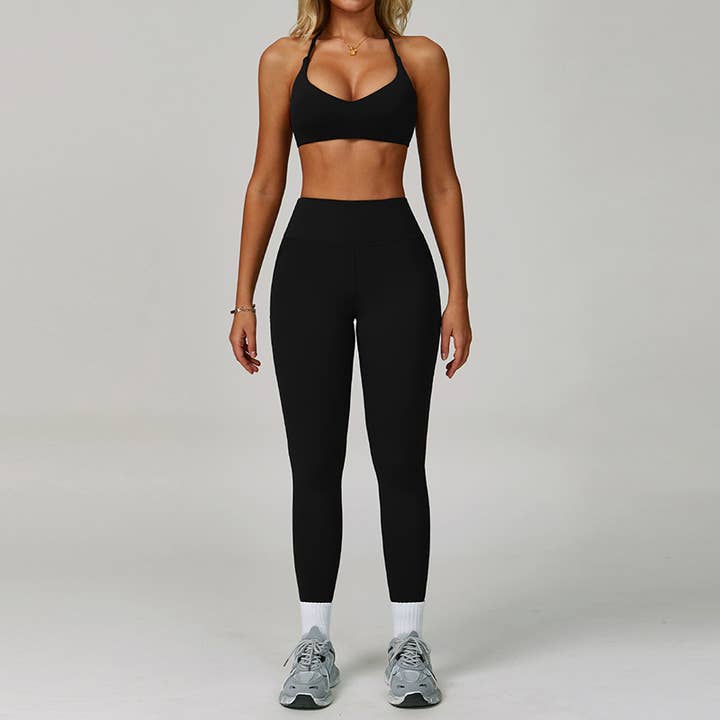 WONDERXFANS – Engroshandel Activewear-sæt – til kvinder – Krydsryg Sports-BH + Højtaljede leggings 2-delt sæt