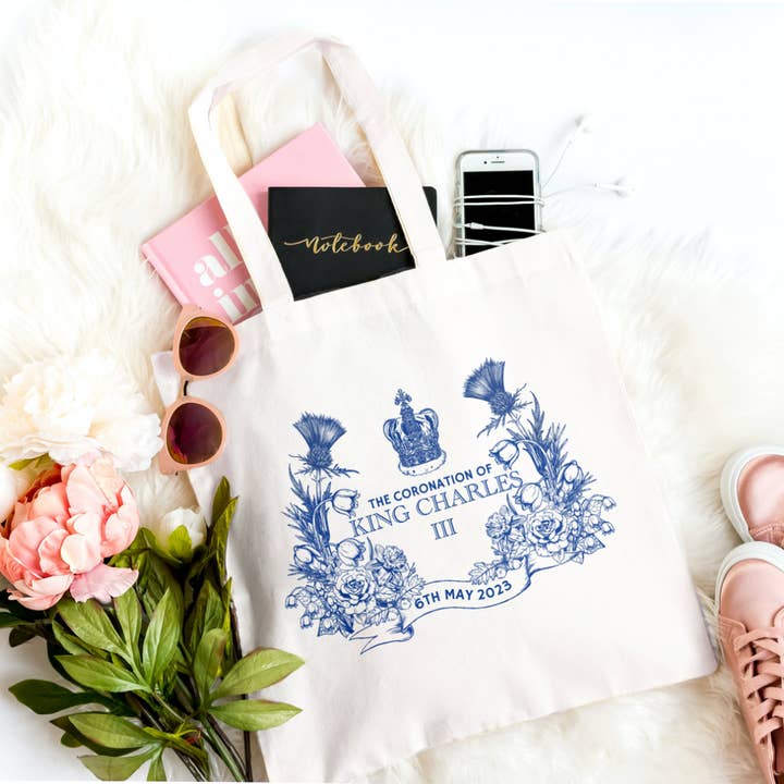 King Charles Floral Coronation Tote Bag | Royal Souvenirs UK for wholesale by Love British Lifestyle