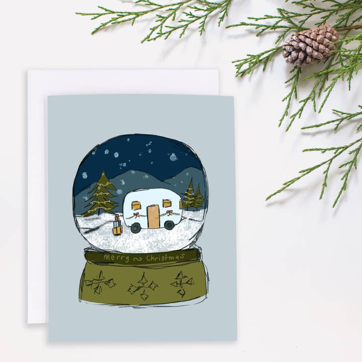 Merry Christmas snowglobe card single/8pk for wholesale by Rachel Alvarez Art