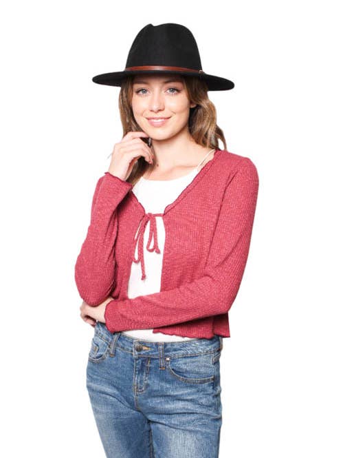 Women's Ribbed Tie Front Long Sleeves Cropped Cardigan for wholesale by Good Stuff Apparel