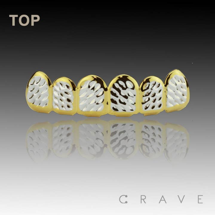 CRAVE BODY JEWELRY - Wholesale Jewelry Set - DEBOSSED TWO TONE 6 TEETH TOP&BOTTOM HIP HOP GRILLZ