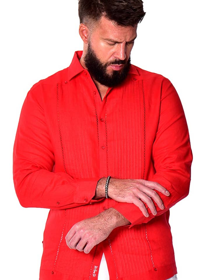 Guayabera Leinen L/S Fancy Style Hemd mit Biesen-MLFG2025-B für den Großhandel von Azucar & Bohio