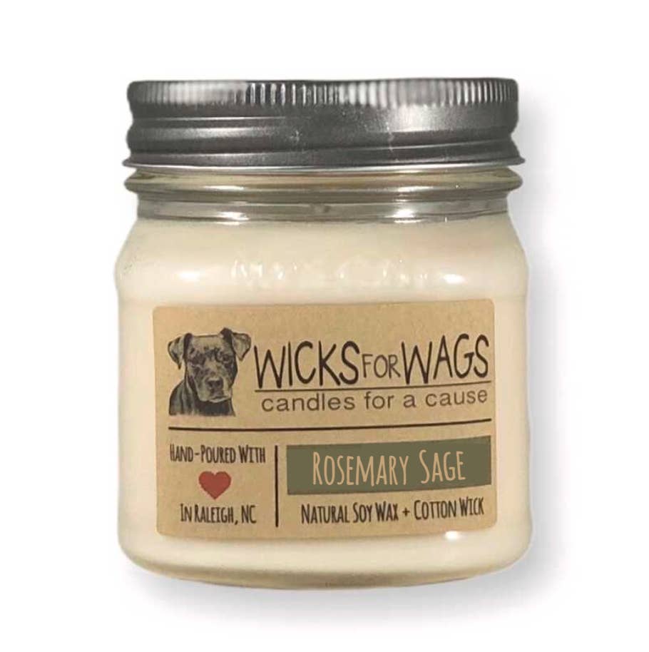 Wicks for Wags - Wholesale Jar/filled candle - Rosemary + Sage | 8 oz Standard Mason Jar Soy Candle