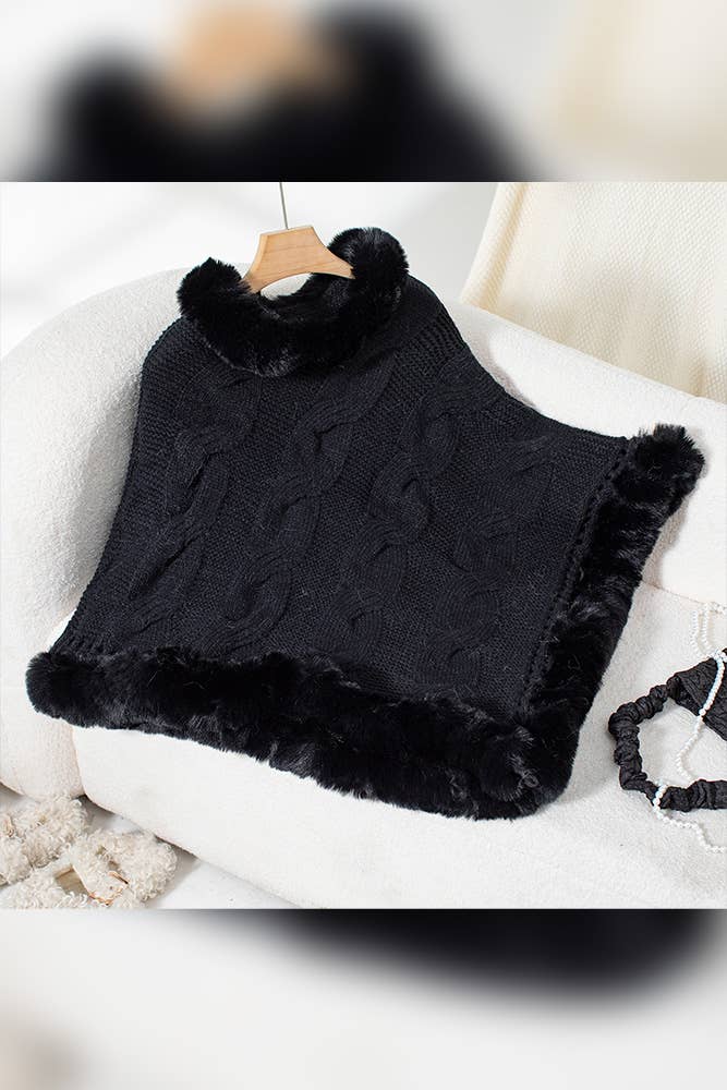 UNISHE - Wholesale Cape - Women's - Faux Fur Collar Chunky Cable Knit Sweater Cape MMY2257