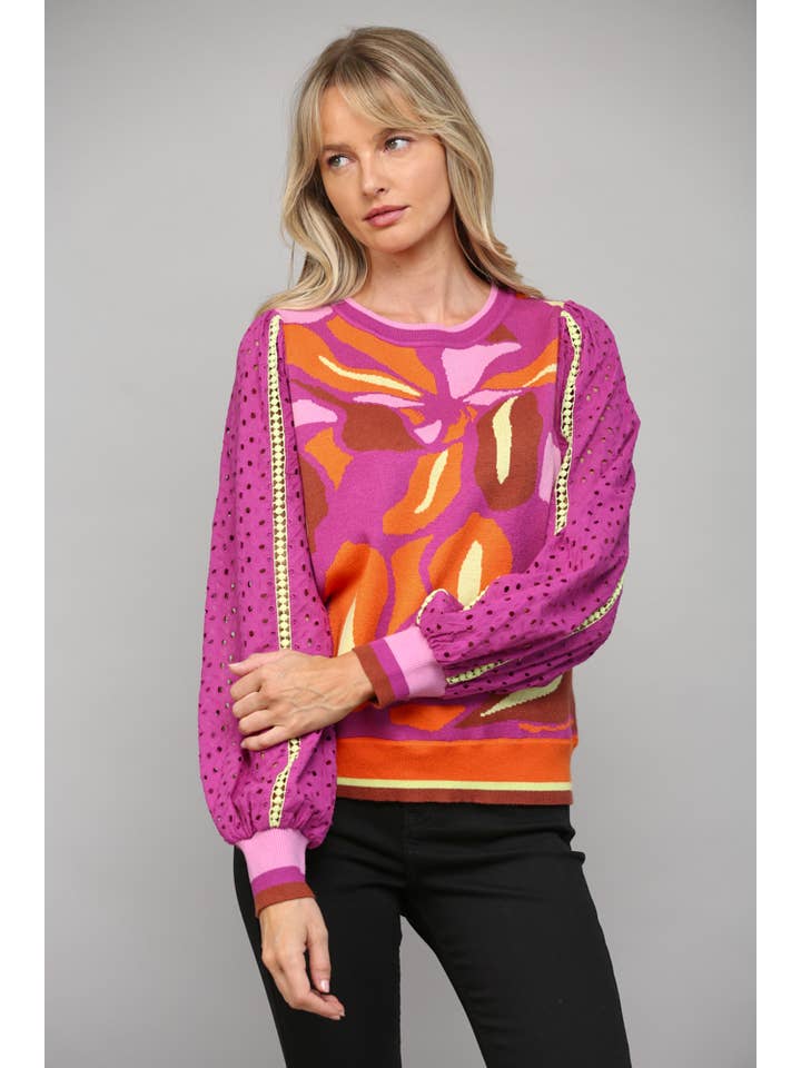 FATE - Wholesale Knit Sweater - Women's - CONTRAST LACE SLV JACQUARD SWEATER FW100141