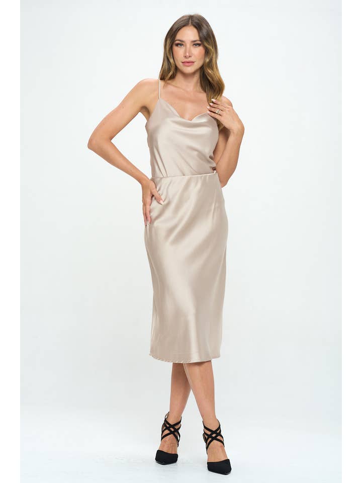 BEIGE Made in USA Solid Satin Midi Skirt for wholesale on Faire4