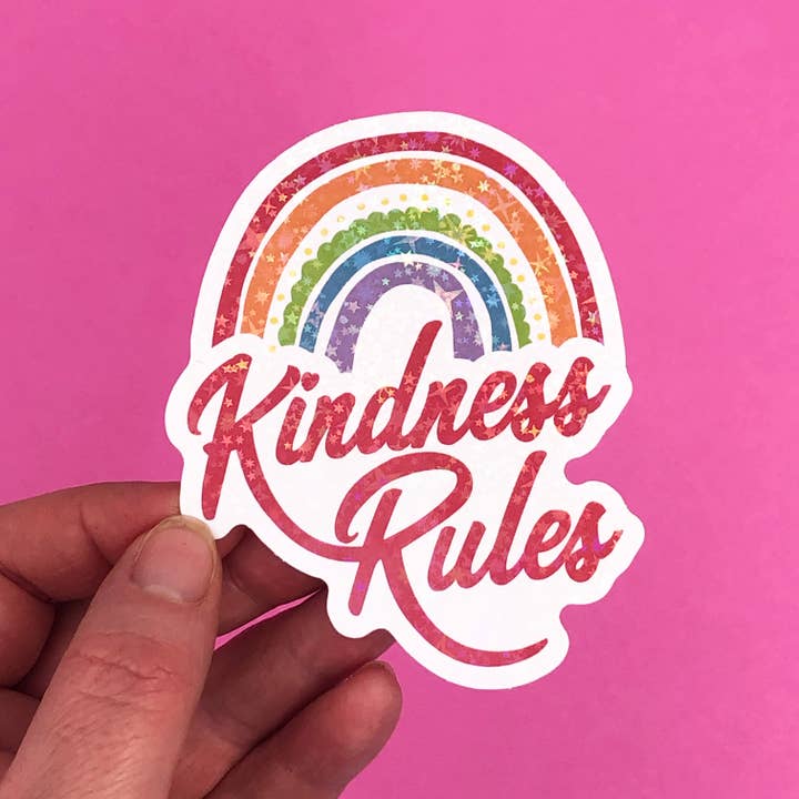 Rainbow Kindness Rules vinyl holographic star sticker for wholesale by Ollie&Frey