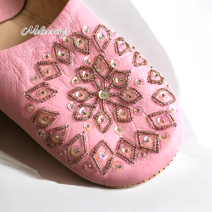Melecraft – wholesale Slippers – Women's – Pink Moroccan Leather Slippers with Sequin Embroidery 1