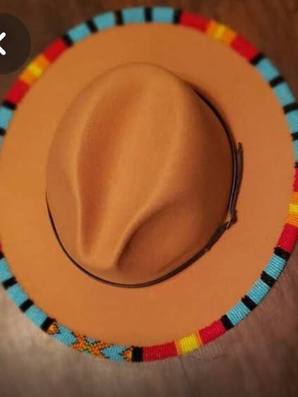 Brown Fedora Cowboy Brim Hat with Blue and Red Beads for wholesale by Delight merchants