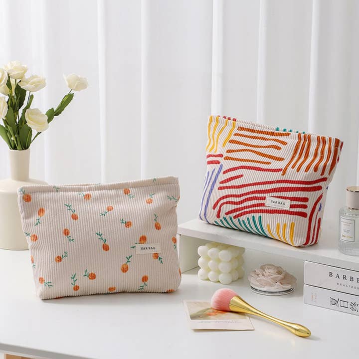 Dipped Shop - Wholesale Makeup/Cosmetic Bag - Floral Sreipe Corduroy Portable Cosmetic Bag DPB1004
