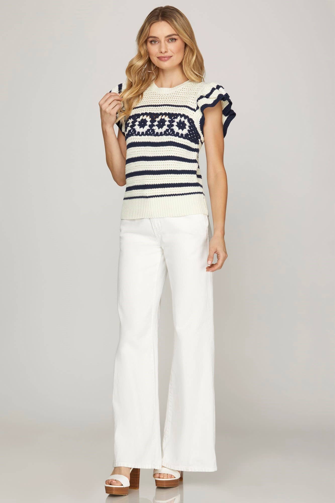 Peace Love Line - Venta al por mayor Jersey de punto - Mujer - PL5588 - TOP DE CROCHÉ CON MANGAS CON VOLANTES3