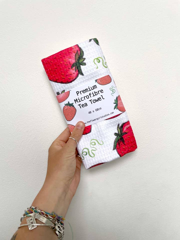 Kitchen Towel Microfibre Strawberry Fruit Pattern White Home for wholesale by The Flower Girl Studios