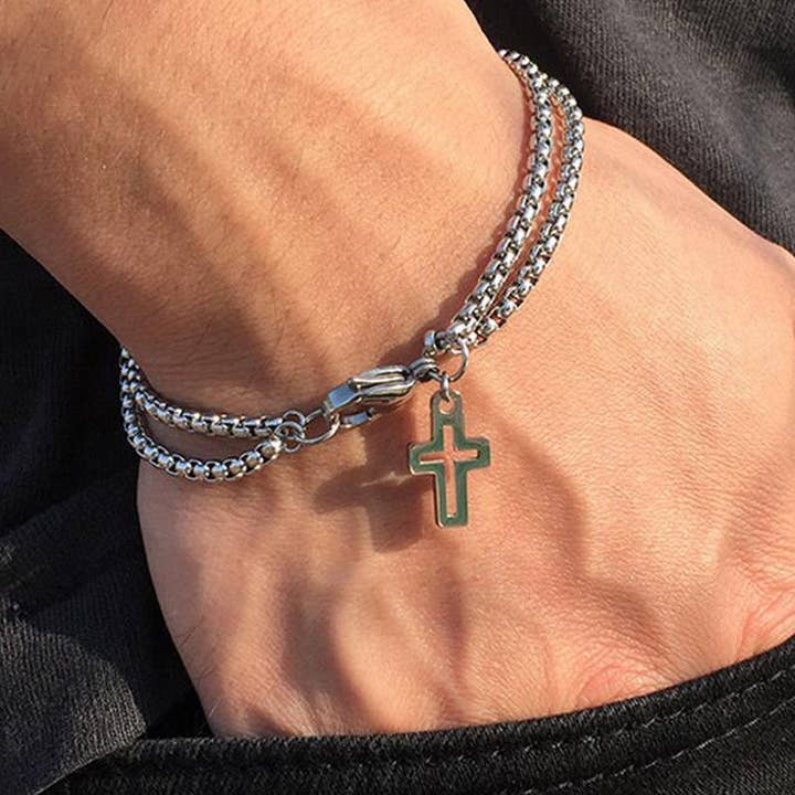Men Bracelet: Double Snake Chain Cross Bracelet for wholesale by Gemscape UK