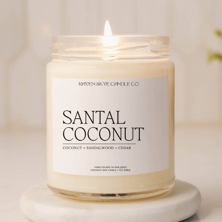 Santal Coconut - 7oz. Clear Glass Scented Candle for wholesale by Raven Skye Candle Co.