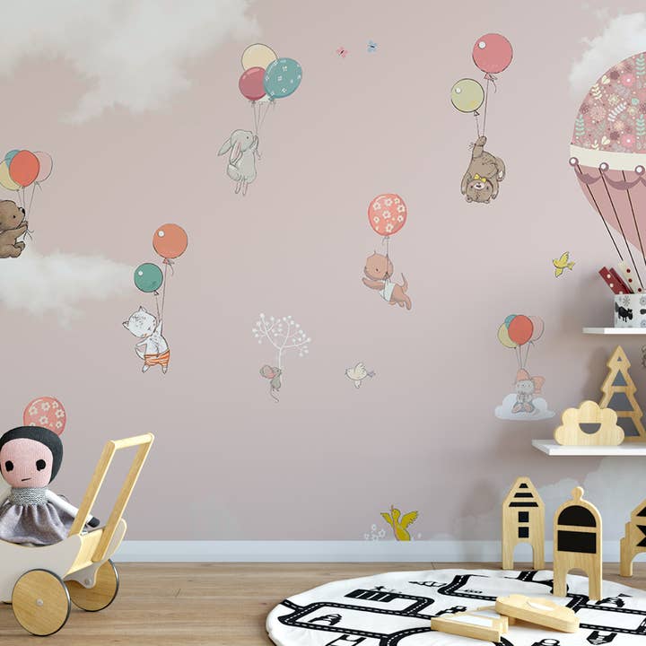GK Home Decor - Wholesale Wallpaper - Cartoon Animals Hot Air Balloon Kids Wallpaper