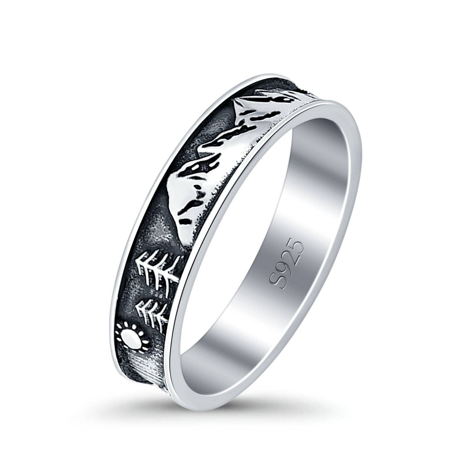 Argento Sterling. Anello a fascia ossidato con montagne e alberi (5mm) in vendita all'ingrosso su Faire2