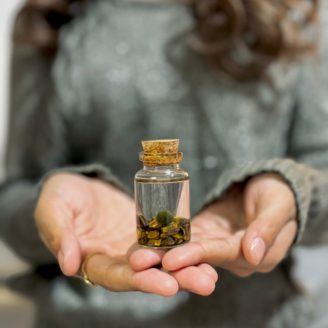 Moss Amigos | Moss Ball Terrariums - Wholesale Live Plant - Tiny Marimo Moss Ball Terrarium with Tiger Eye Gemstones2