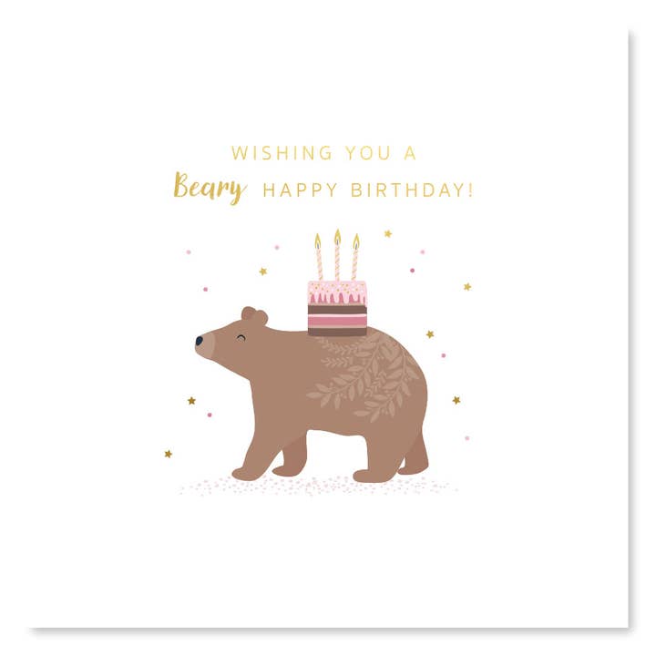 Happy Birthday Bear and Cake Card for wholesale by Klara Hawkins