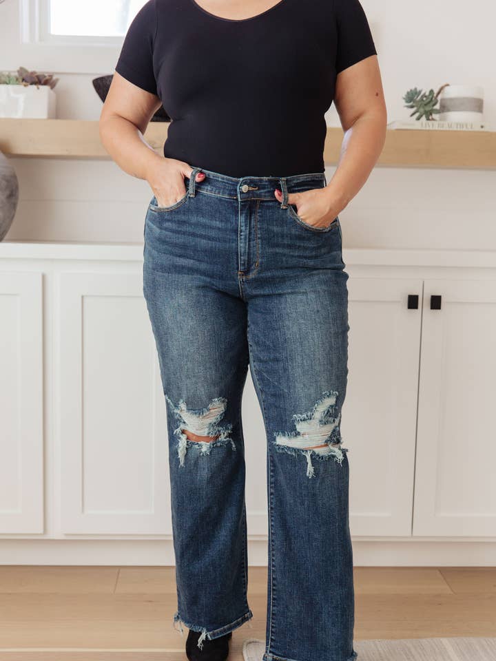 Rose High Rise 90's Straight Jeans in Dark Wash for wholesale by Simple Blessings Boutique