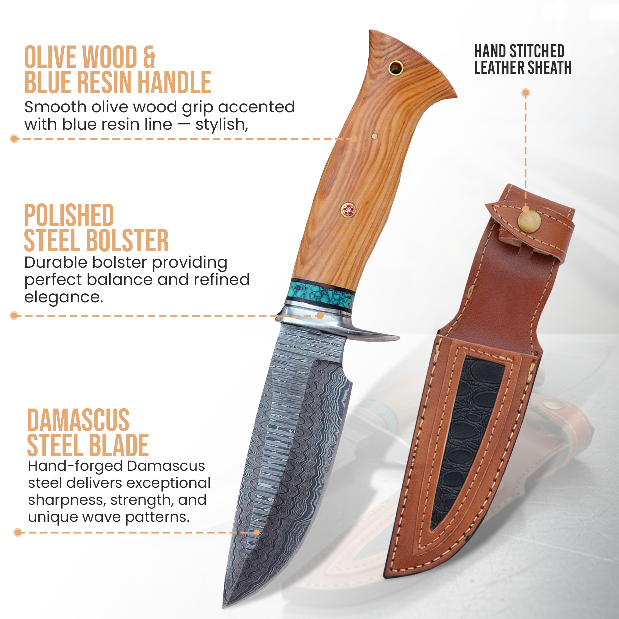 FH KNIVES - Wholesale Pocket Knife/Holder - 10' Handmade damascus steel knife with leather sheath  1