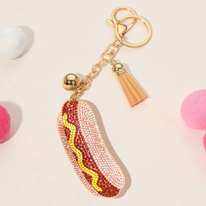 Sensibling Corp. - Wholesale Keychain - Women's - Bling Studded Hotdog Tassel Keychain / Bag Charm0