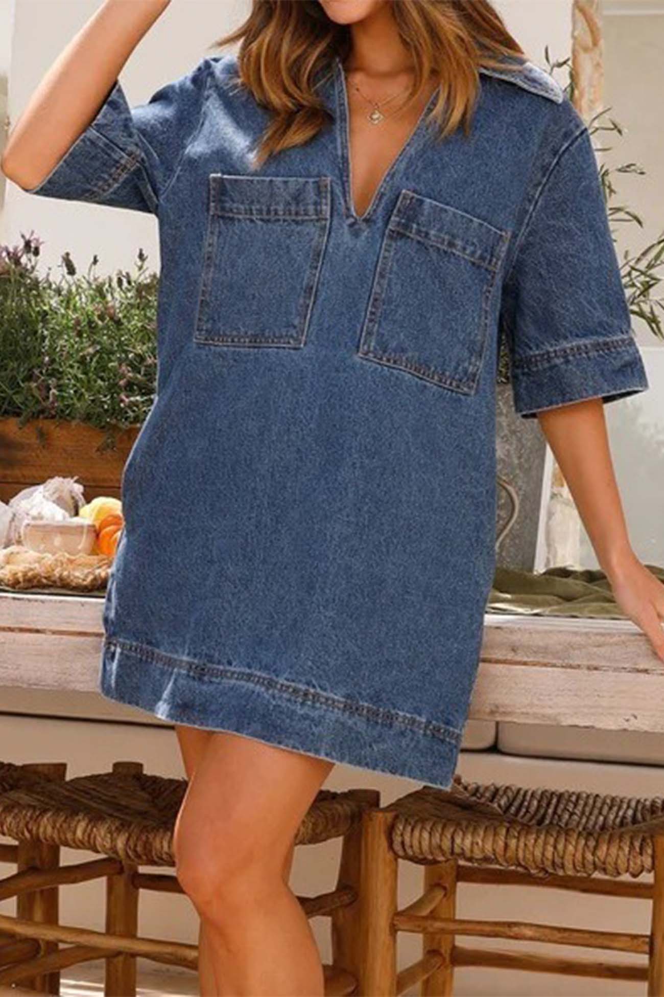 VividLux - Wholesale Dress - Women's - Denim Lapel V Neck Mini Dress4