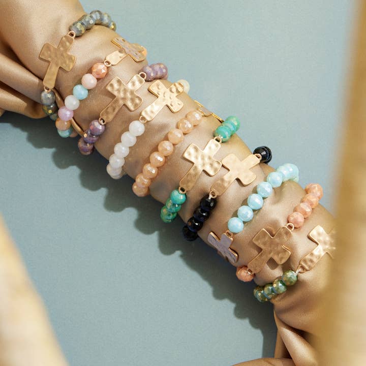 Frem - Wholesale Beaded Bracelet - Cross Charm Glass Beaded Stretch Bracelet
