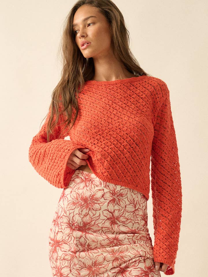 Camisola Cropped de Malha-Crochê Sólida com Mangas Sino por atacado de Promesa USA