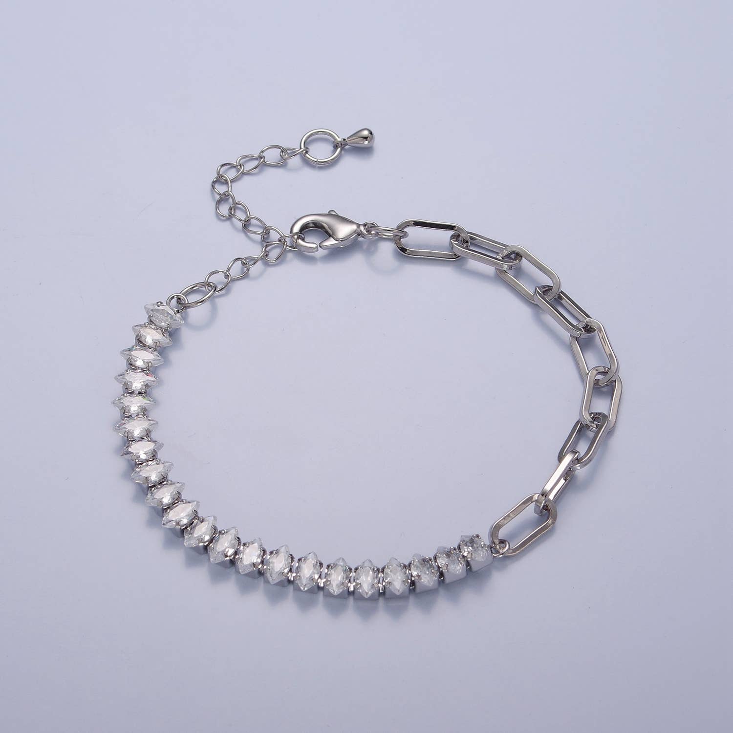 Aim Eternal - Wholesale Link & chain bracelet - Dainty Marquise Bracelet Half Chain Tennis Adjustable Silver