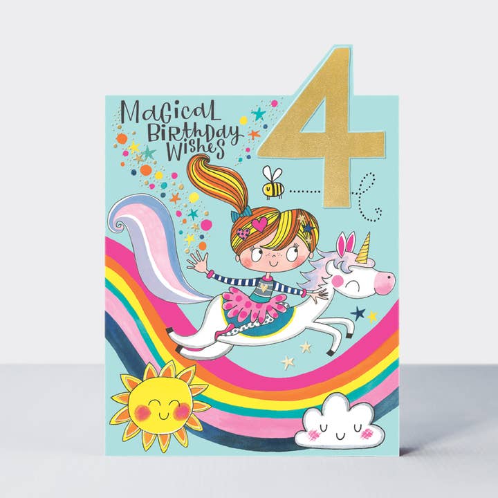 Tiptoes Geburtstagskarte zum 4. Geburtstag, Mädchen auf einem Einhorn für den Großhandel von Rachel Ellen Designs