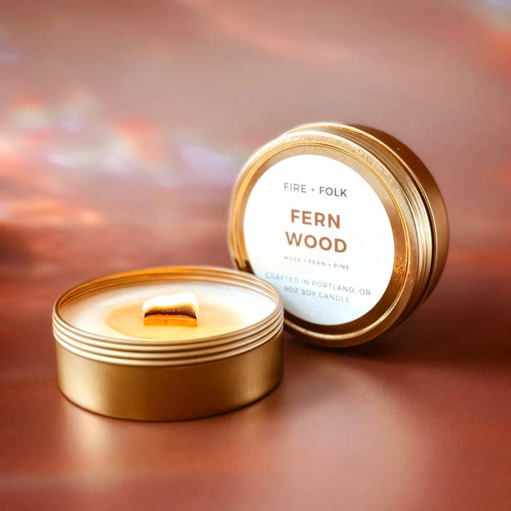 Fernwood | 4oz Wood Wick Soy Candle Tin for wholesale by FIRE + FOLK