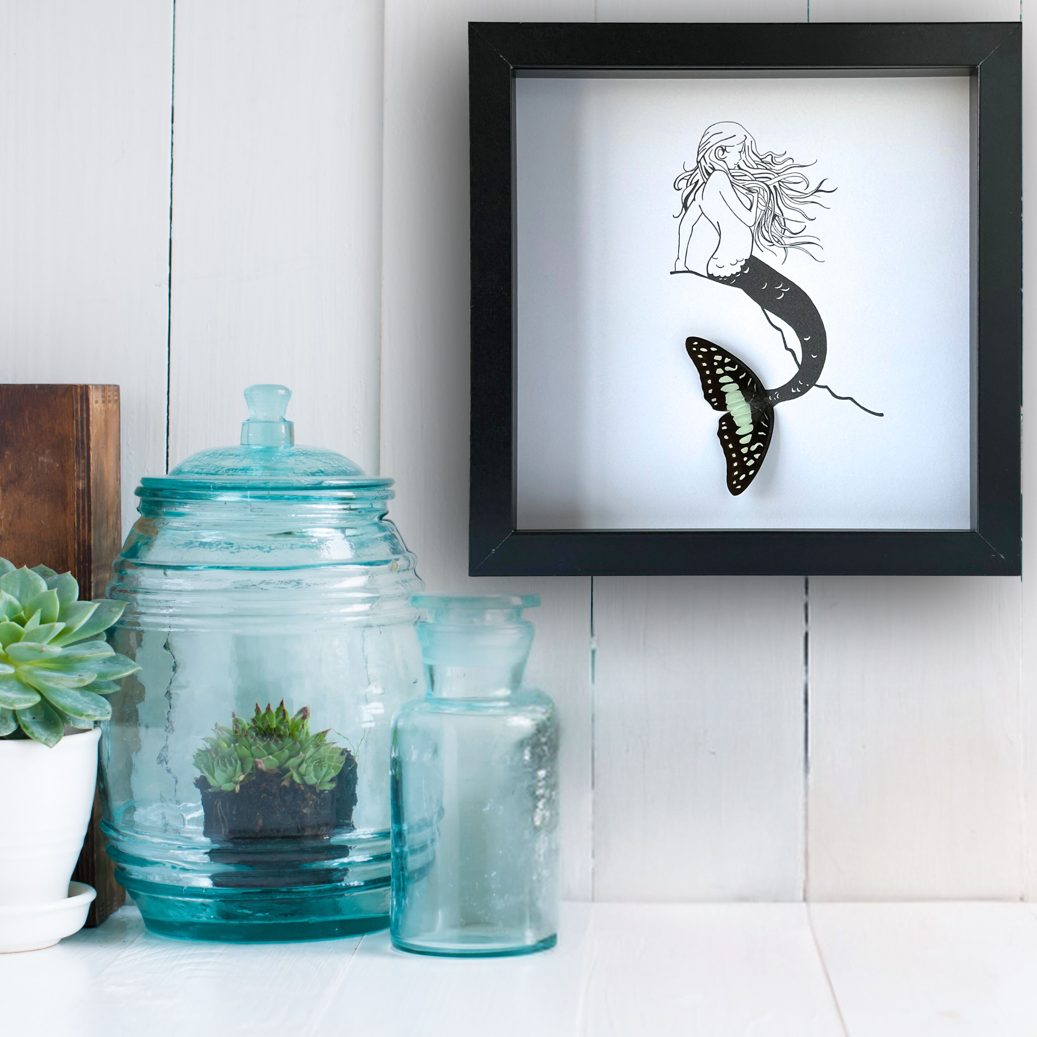 Isms - Wholesale Art Print - Mermaid on Rock Framed Art with Real Butterfly Wings3