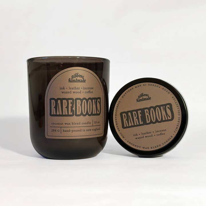 Gibbous Handmade - Wholesale Jar/Filled Candle - RARE BOOKS Candle | Leather, Paper, Waxed Wood + Incense1
