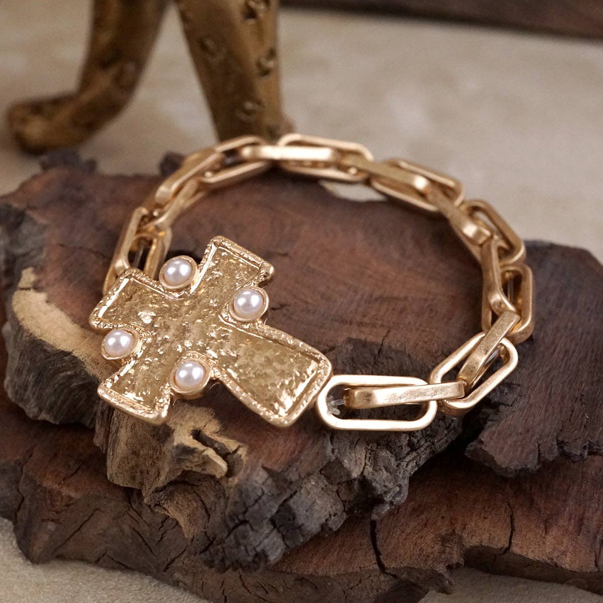 PennyLine inc - Wholesale Charm/Dangle Bracelet - Sacred Shape – Sideways Hammered Cross Stretch Chain Bracelet0