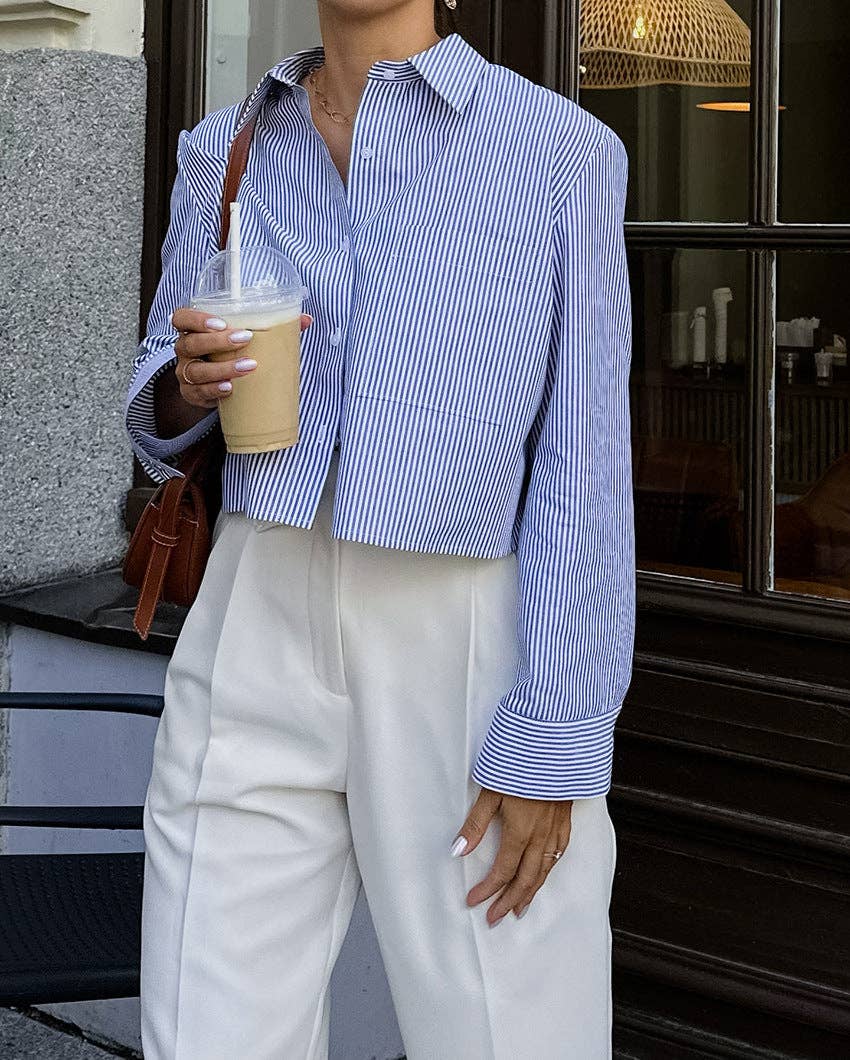 Bleu Chemise courte rayée à manches longues pour femmes SKT270 en vente sur Faire2