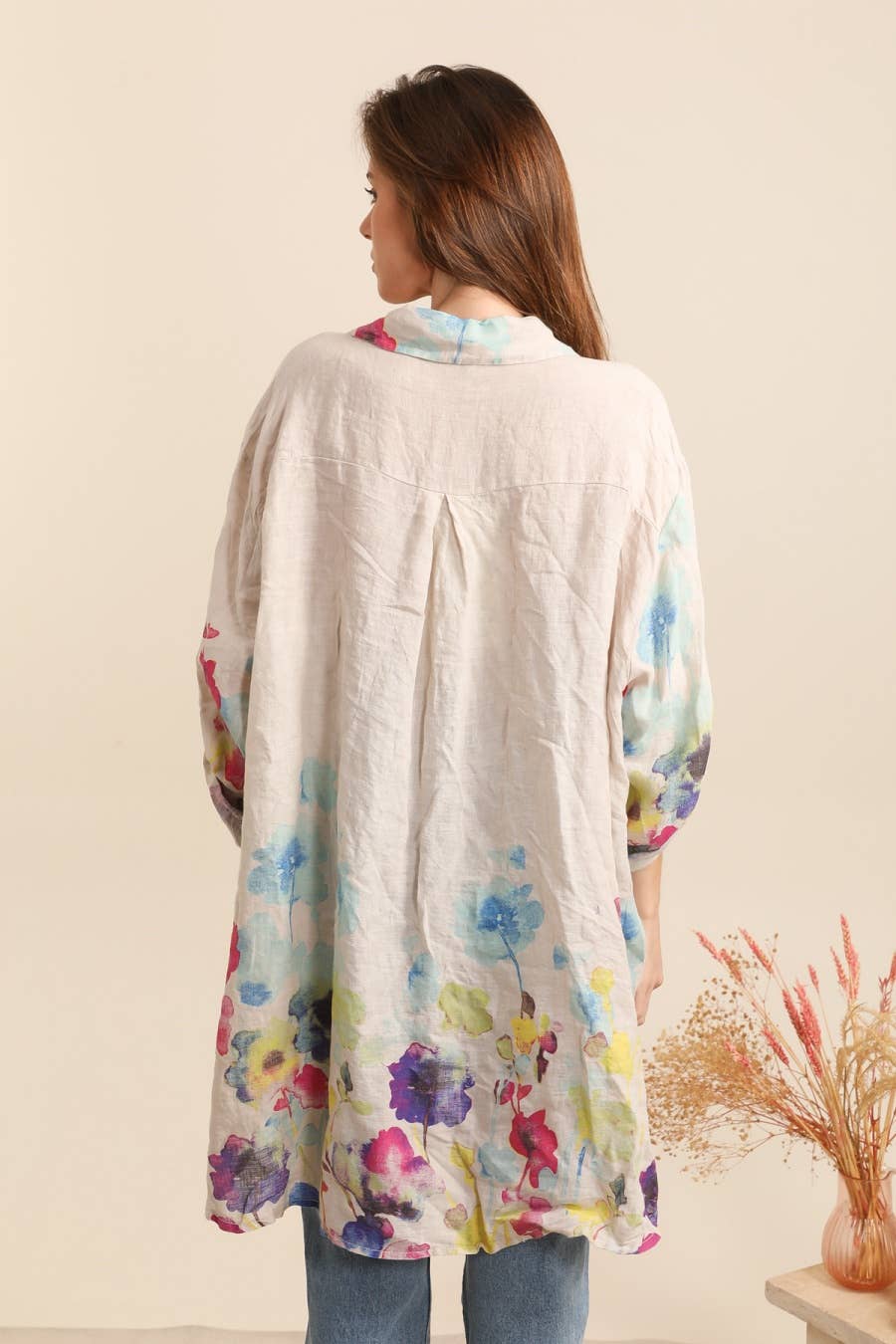 la maison des fibres naturelles - Wholesale Tunic - Women's - flared floral print linen blouse 26513 100% linen +SIZE7