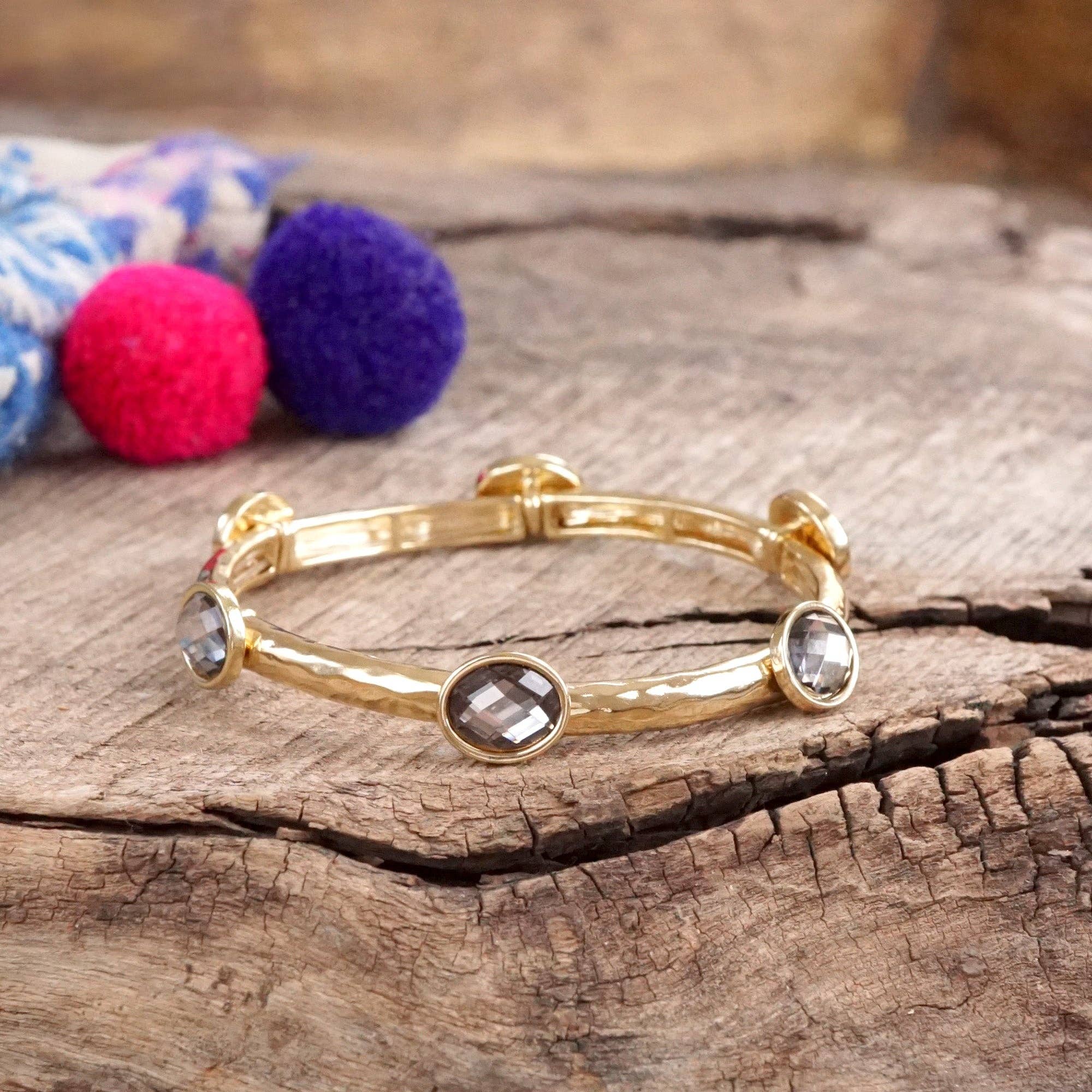 PennyLine inc - Wholesale Bangle Bracelet - Jeweled Golden Bangle - with Faceted glass oval colorful jewels9