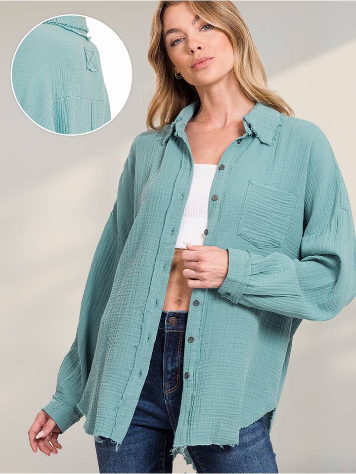 42POPS - Wholesale Button Down Shirt - Women's - ,....SI-23630 Oversized Raw Edge Shirt W/ Back Patch